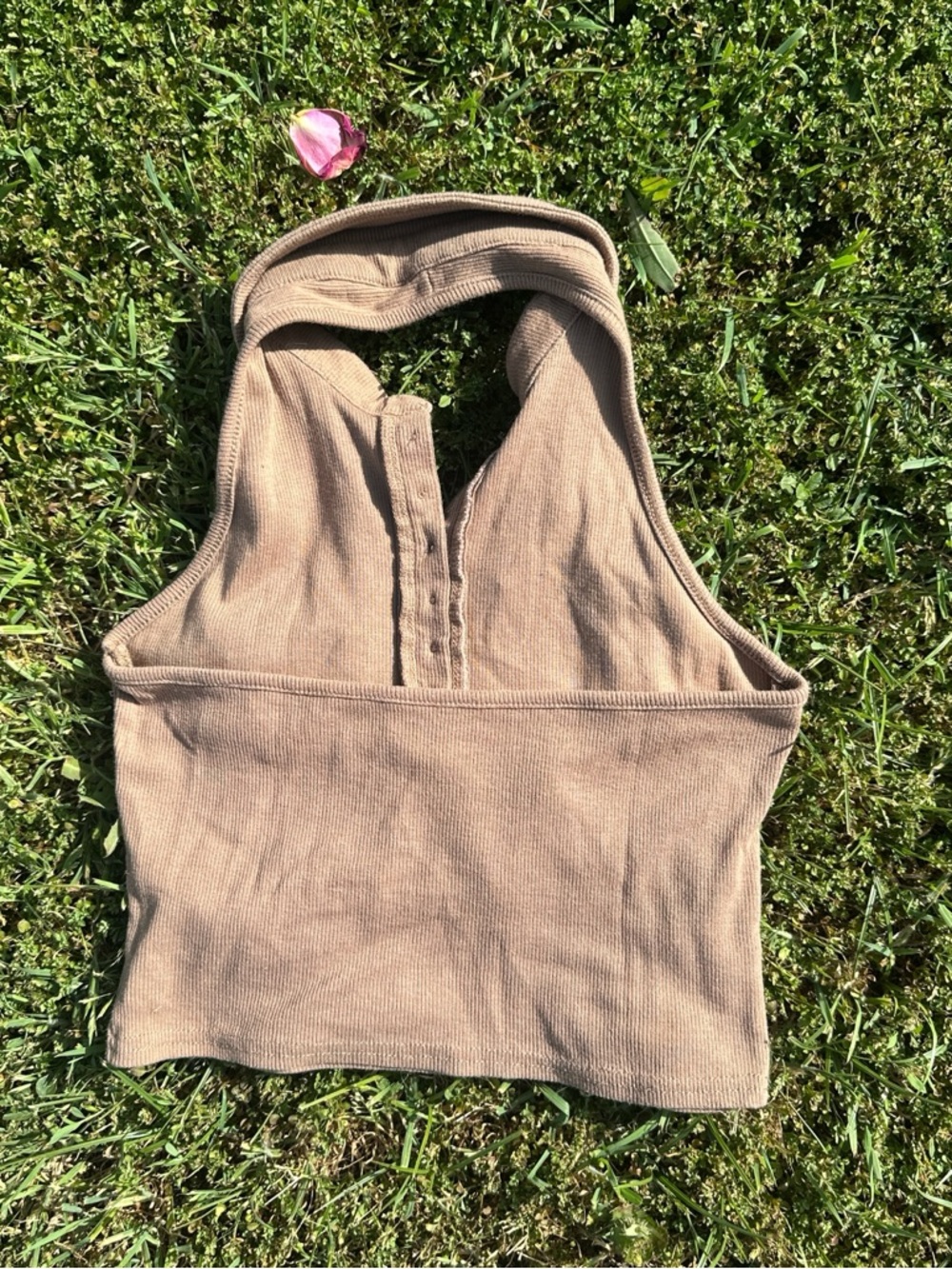 Tan Ribbed Collared Henley Crop Tank - Picture 2 of 2